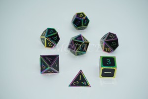 Metal 3D style dice set : Black with rainbow rim