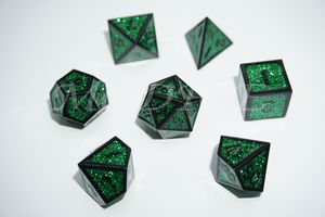 Metal 3D style dice set : Green glitter with black rim