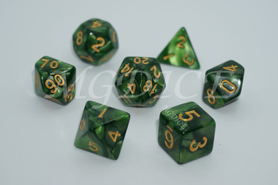 Acrylic pearl pattern dice set ：Gold ink on dark green
