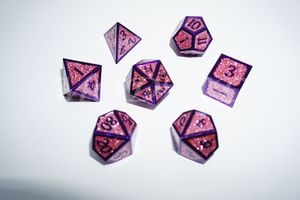 Metal 3D style dice set : Pink glitter with purple rim