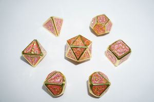 Metal 3D style sword pattern dice set : Pink with gold rim