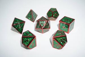 Metal 3D style dice set : Green glitter with red rim