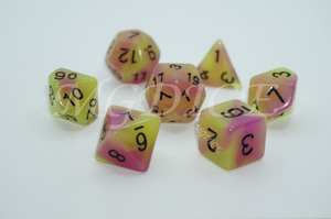 Acrylic double color glow in the dark dice set：Yellow mixed purple