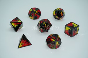 Metal 3D style three color dice set : Red,black and yellow with black rim