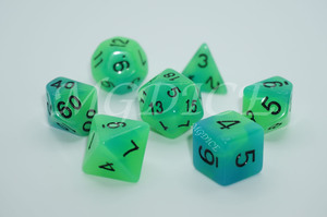 Acrylic double color glow in the dark dice set：Green mixed blue