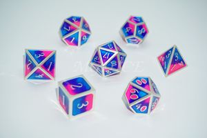 Metal 3D style three color dice set : Pink,sky blue and dark blue with silver rim