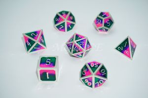 Metal 3D style three color dice set : Pink,black and green with silver rim