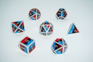 Metal 3D style three color dice set : Red,black and blue with silver rim