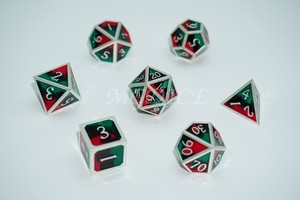 Metal 3D style three color dice set : Red,black and green with silver rim