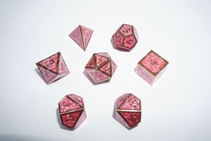 Metal 3D style dice set : Pink glitter with copper rim