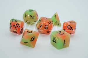 Acrylic double color glow in the dark dice set ：Green mixed orange