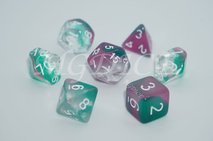 Acrylic three-color transparent dice set : Transparent, purple and green
