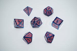 Metal 3D style dice set : Pink glitter with blue rim