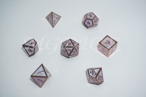 Metal 3D style dice set : Purple glitter with champagne gold rim